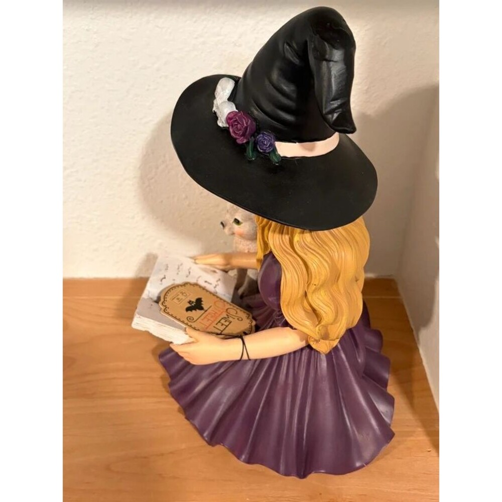 Halloween Witch Girl & Cat Reading Book Figurine Decor NWT - Picture 4 of 6